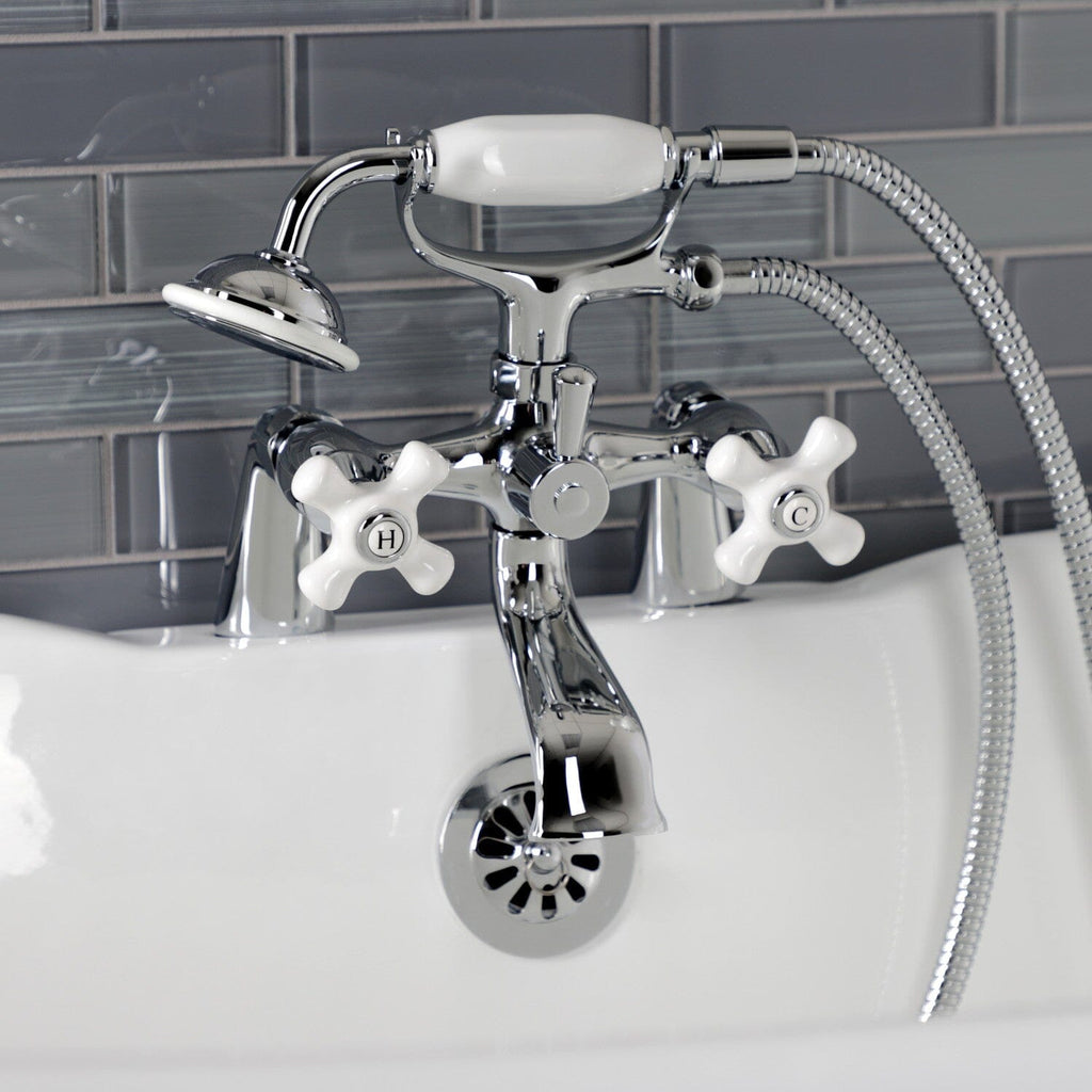 Kingston Three-Handle 2-Hole Deck-Mount Clawfoot Tub Faucet with Hand Shower