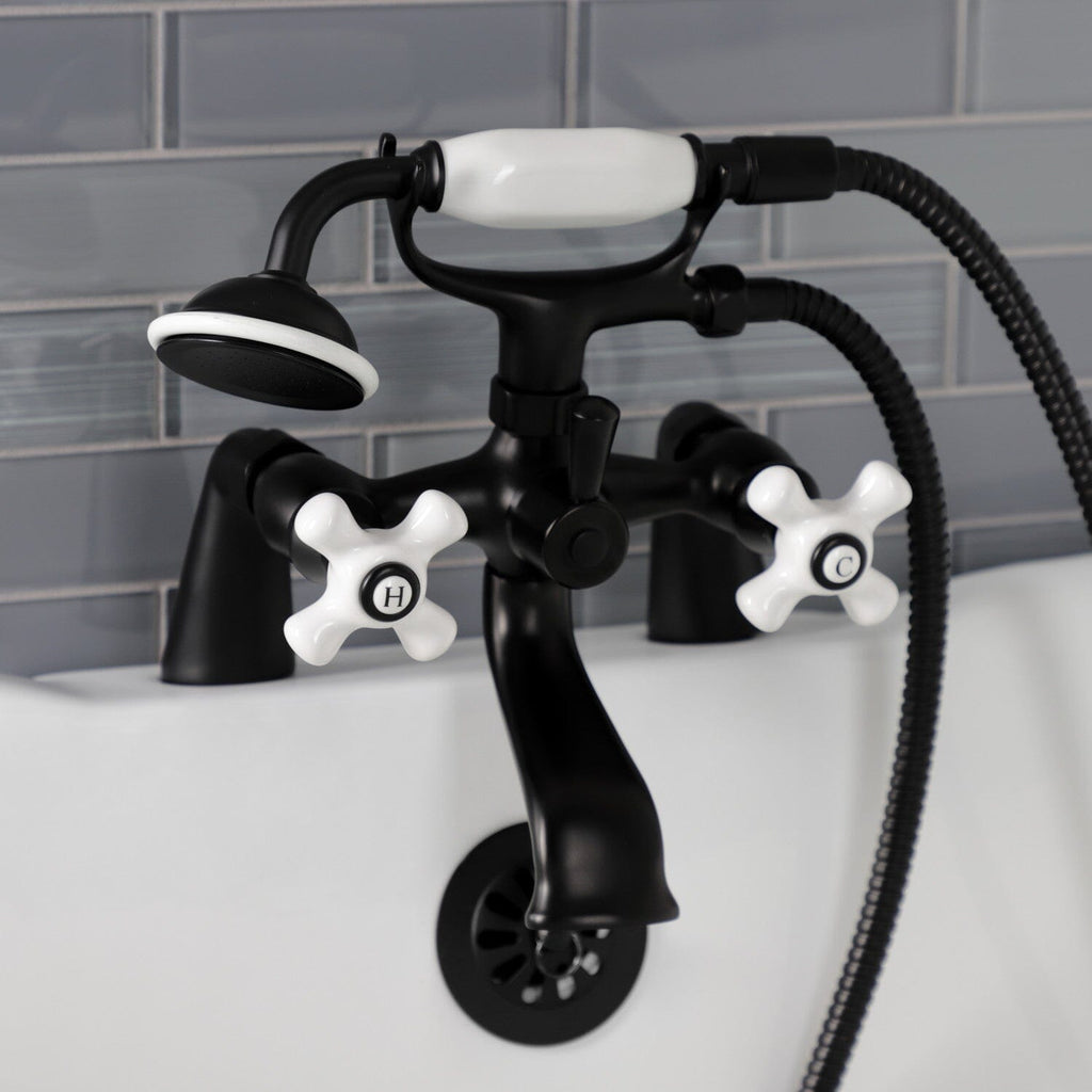Kingston Three-Handle 2-Hole Deck-Mount Clawfoot Tub Faucet with Hand Shower