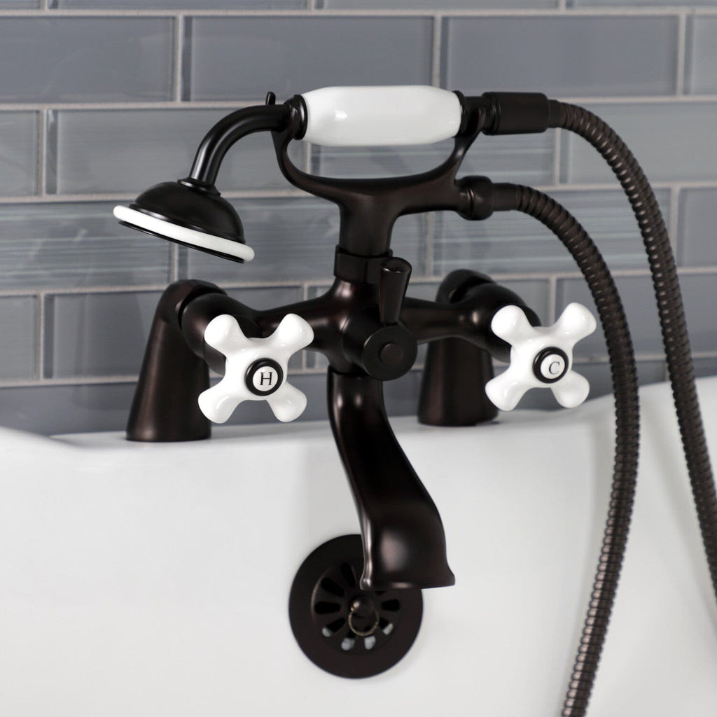 Kingston Three-Handle 2-Hole Deck-Mount Clawfoot Tub Faucet with Hand Shower