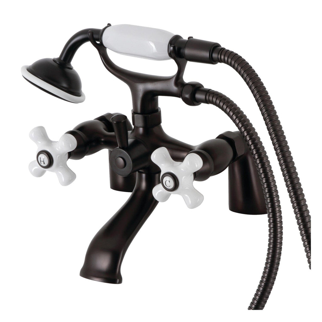 Kingston Three-Handle 2-Hole Deck-Mount Clawfoot Tub Faucet with Hand Shower