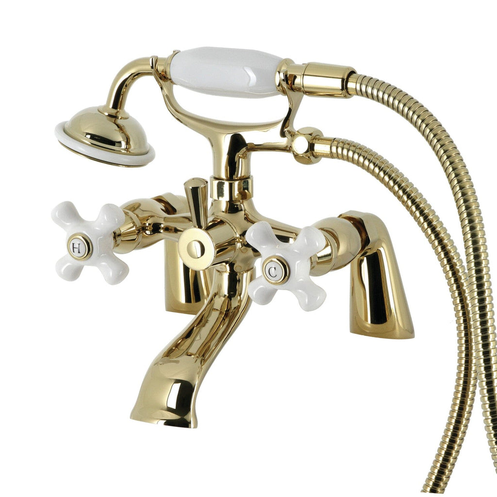 Kingston Three-Handle 2-Hole Deck-Mount Clawfoot Tub Faucet with Hand Shower