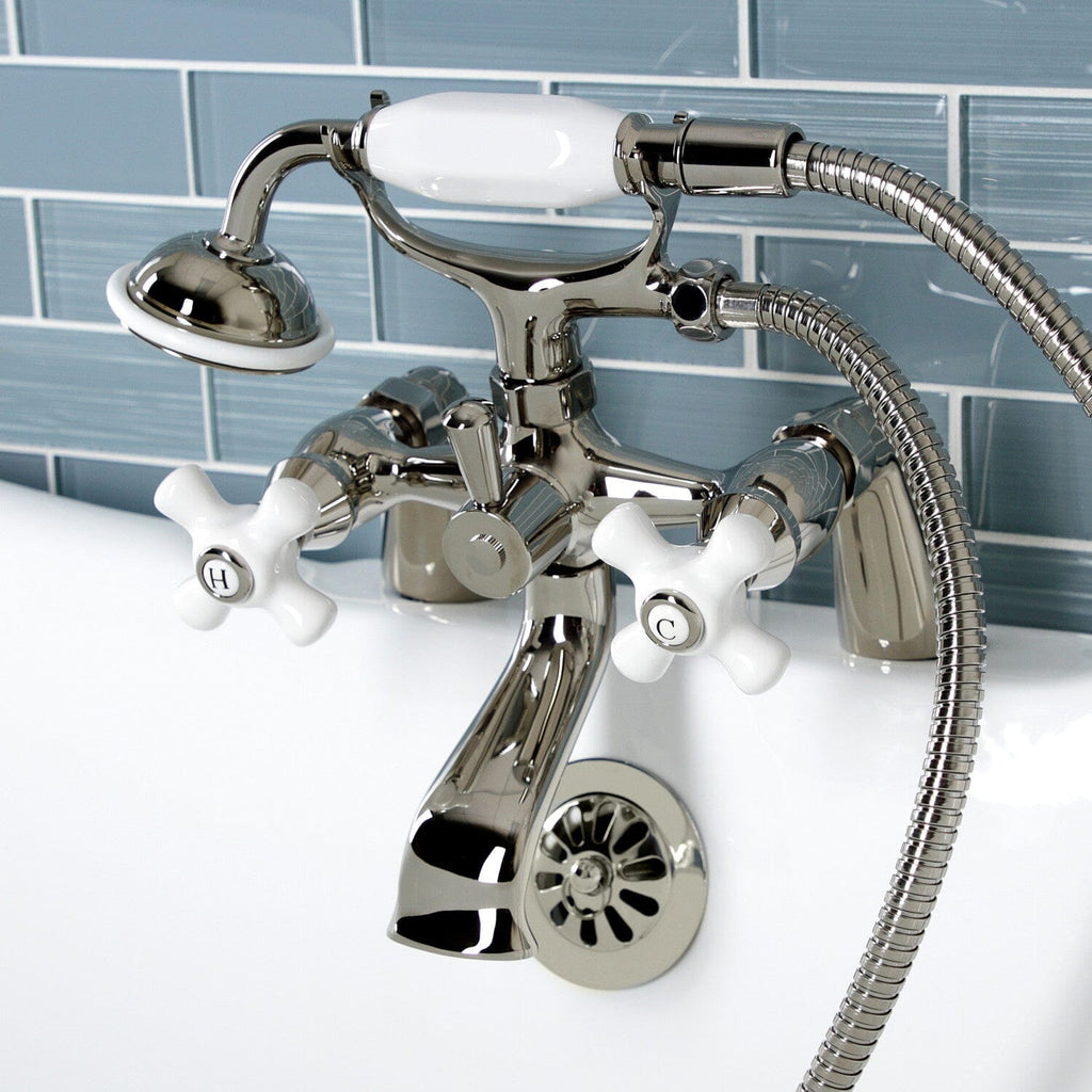 Kingston Three-Handle 2-Hole Deck-Mount Clawfoot Tub Faucet with Hand Shower
