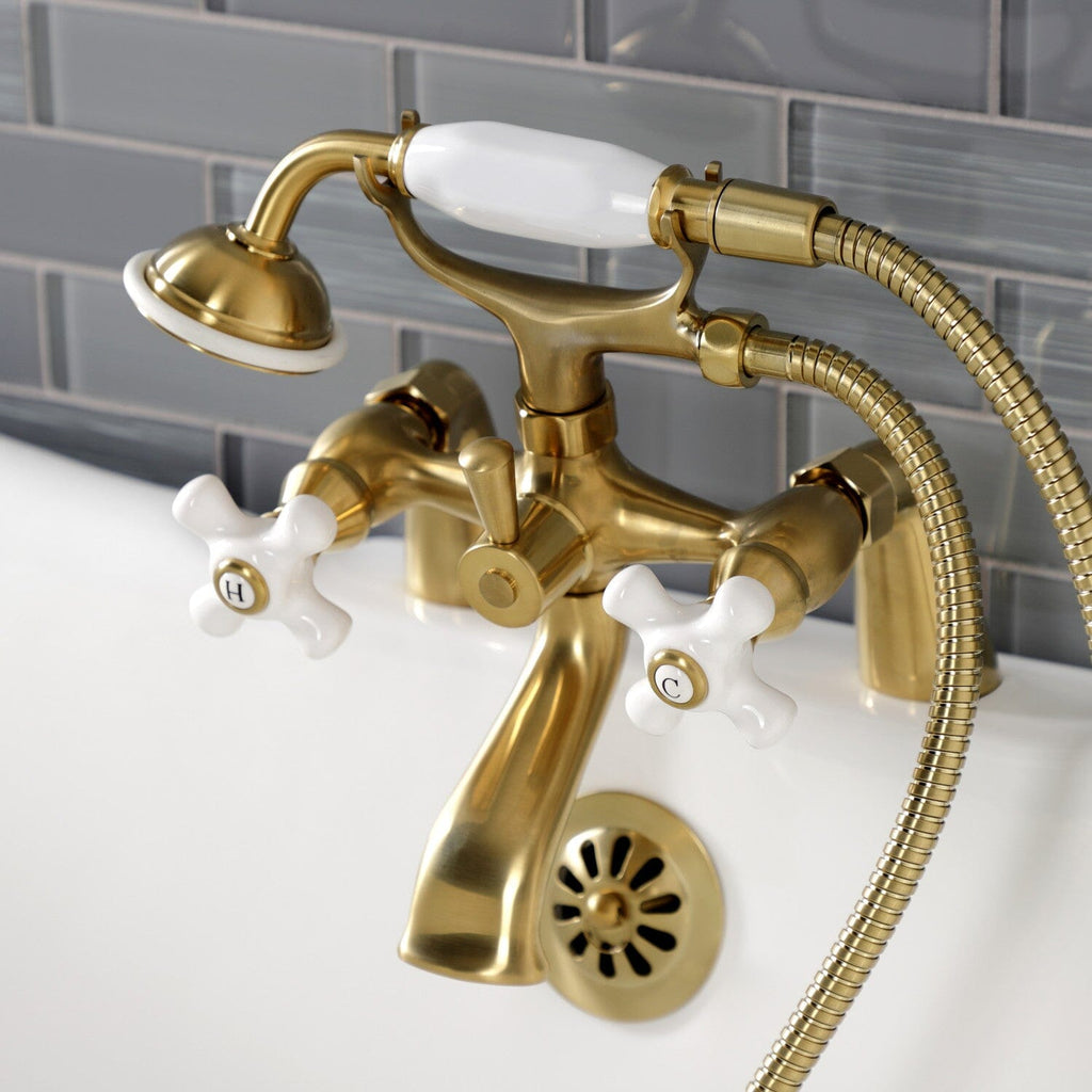 Kingston Three-Handle 2-Hole Deck-Mount Clawfoot Tub Faucet with Hand Shower