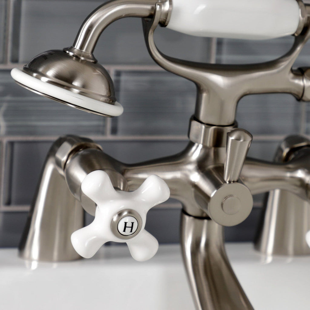 Kingston Three-Handle 2-Hole Deck-Mount Clawfoot Tub Faucet with Hand Shower