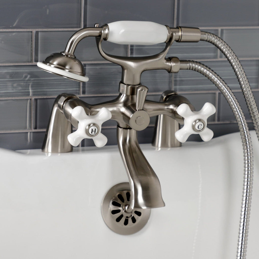 Kingston Three-Handle 2-Hole Deck-Mount Clawfoot Tub Faucet with Hand Shower