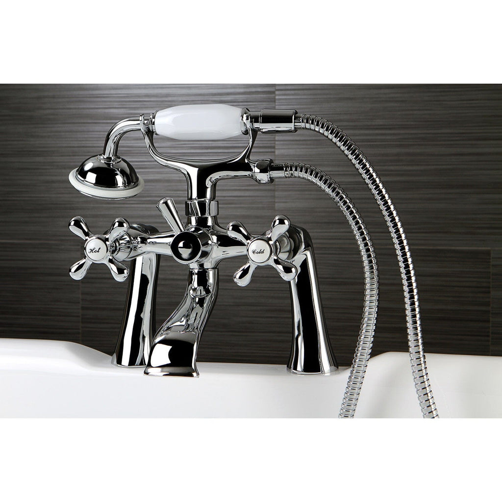 Kingston Three-Handle 2-Hole Deck-Mount Clawfoot Tub Faucet with Hand Shower