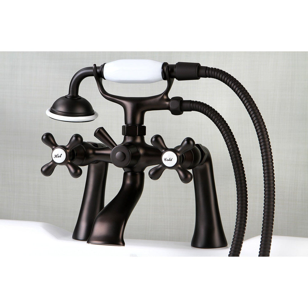 Kingston Three-Handle 2-Hole Deck-Mount Clawfoot Tub Faucet with Hand Shower
