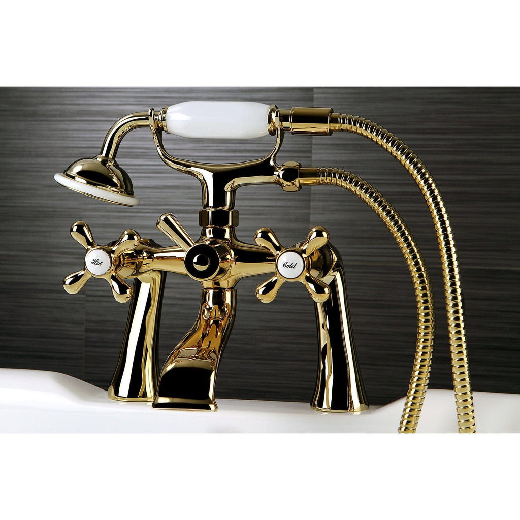 Kingston Three-Handle 2-Hole Deck-Mount Clawfoot Tub Faucet with Hand Shower
