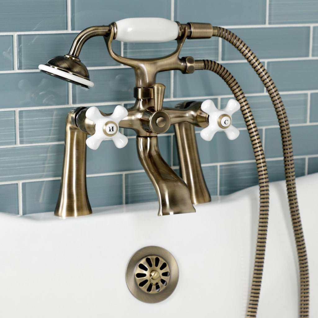 Kingston Three-Handle 2-Hole Deck-Mount Clawfoot Tub Faucet with Hand Shower