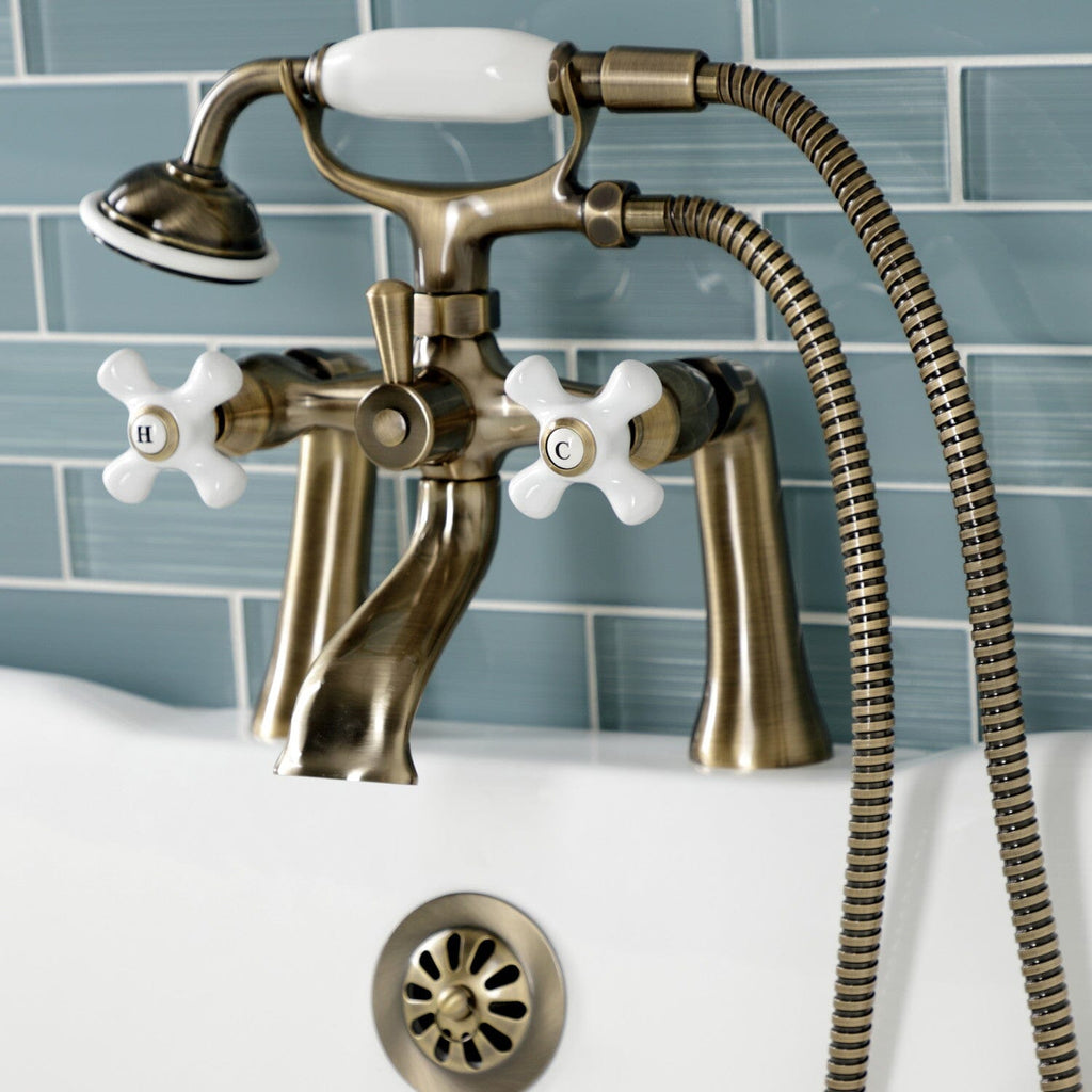Kingston Three-Handle 2-Hole Deck-Mount Clawfoot Tub Faucet with Hand Shower