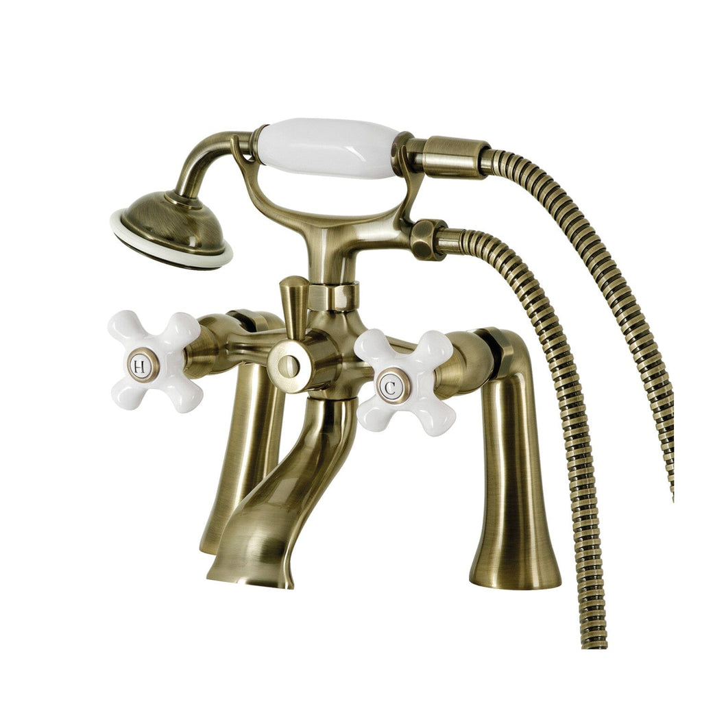 Kingston Three-Handle 2-Hole Deck-Mount Clawfoot Tub Faucet with Hand Shower