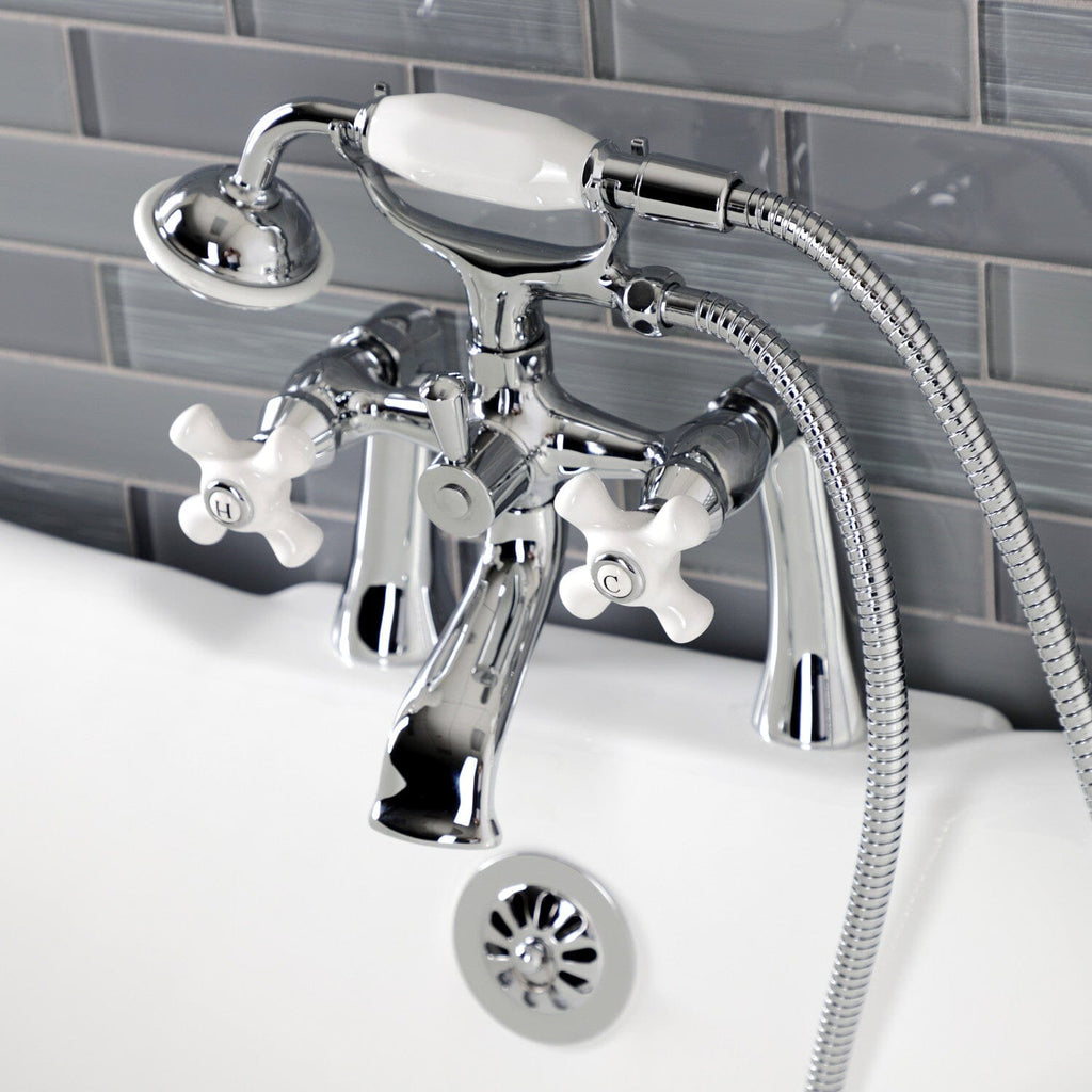 Kingston Three-Handle 2-Hole Deck-Mount Clawfoot Tub Faucet with Hand Shower