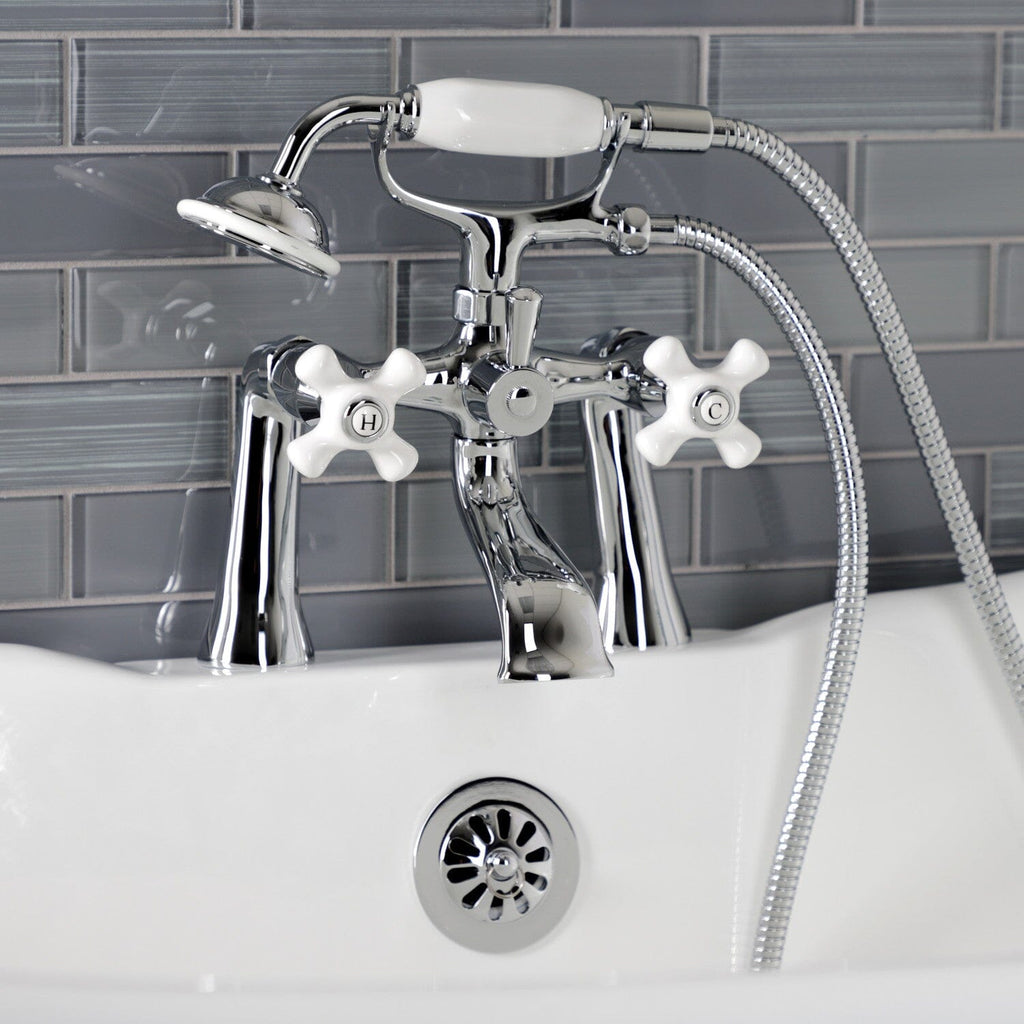 Kingston Three-Handle 2-Hole Deck-Mount Clawfoot Tub Faucet with Hand Shower