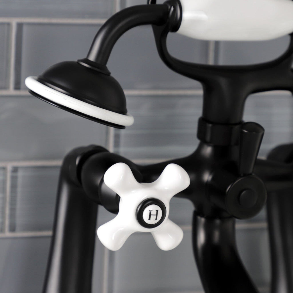 Kingston Three-Handle 2-Hole Deck-Mount Clawfoot Tub Faucet with Hand Shower