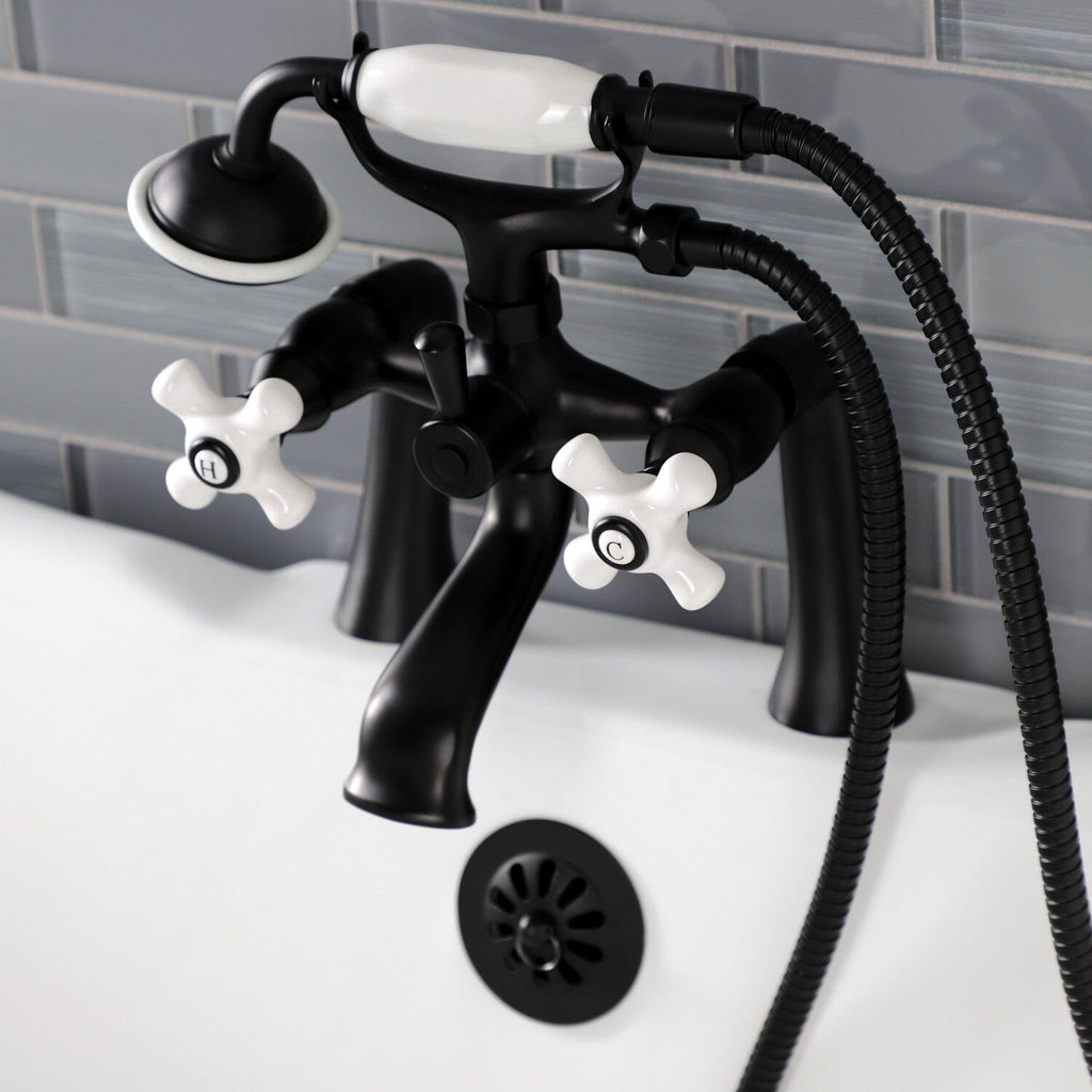 Kingston Three-Handle 2-Hole Deck-Mount Clawfoot Tub Faucet with Hand Shower