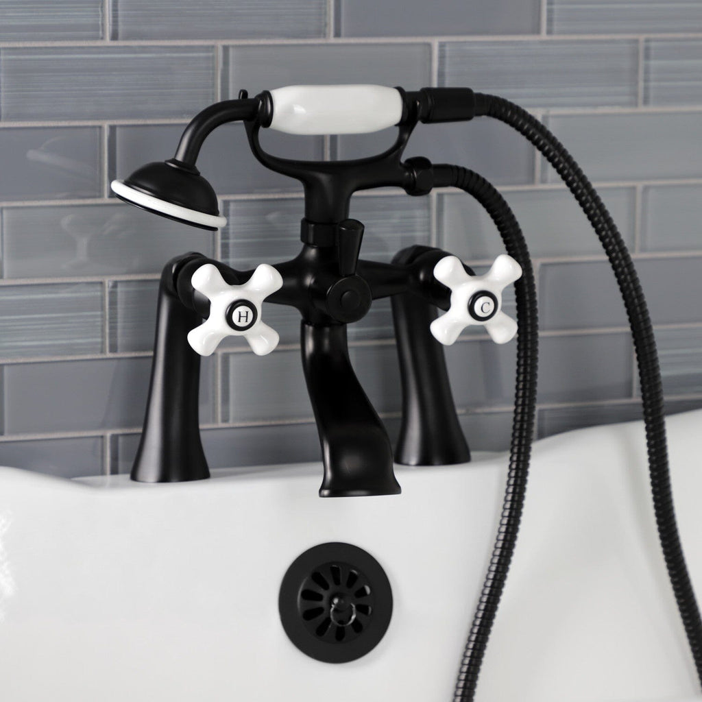 Kingston Three-Handle 2-Hole Deck-Mount Clawfoot Tub Faucet with Hand Shower