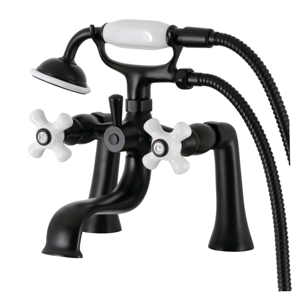 Kingston Three-Handle 2-Hole Deck-Mount Clawfoot Tub Faucet with Hand Shower