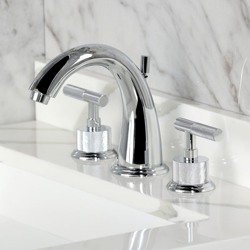 Convergent Two-Handle 3-Hole Deck Mount Widespread Bathroom Faucet with Knurled Handle and Brass Pop-Up
