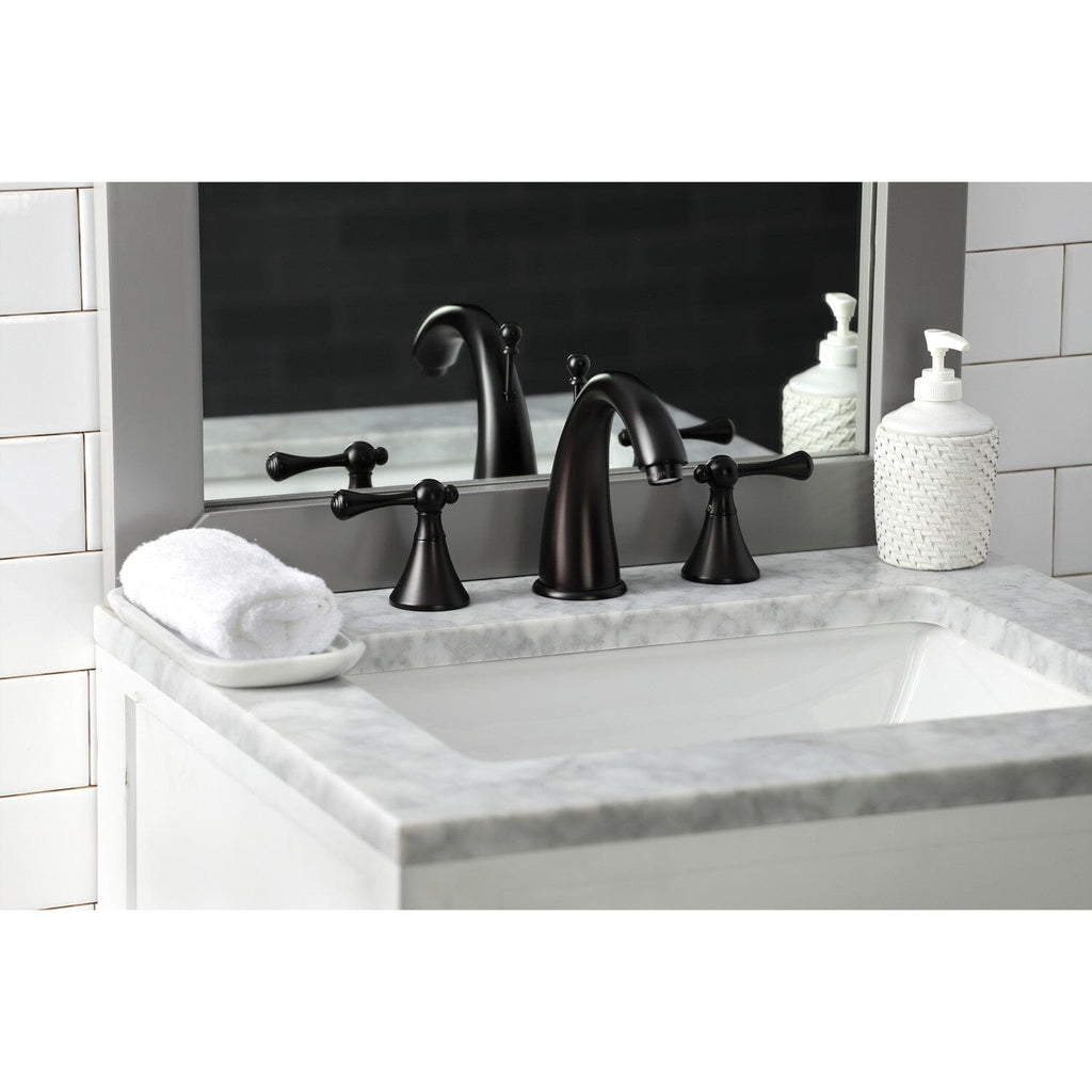 English Country Two-Handle 3-Hole Deck Mount Widespread Bathroom Faucet with Brass Pop-Up Drain