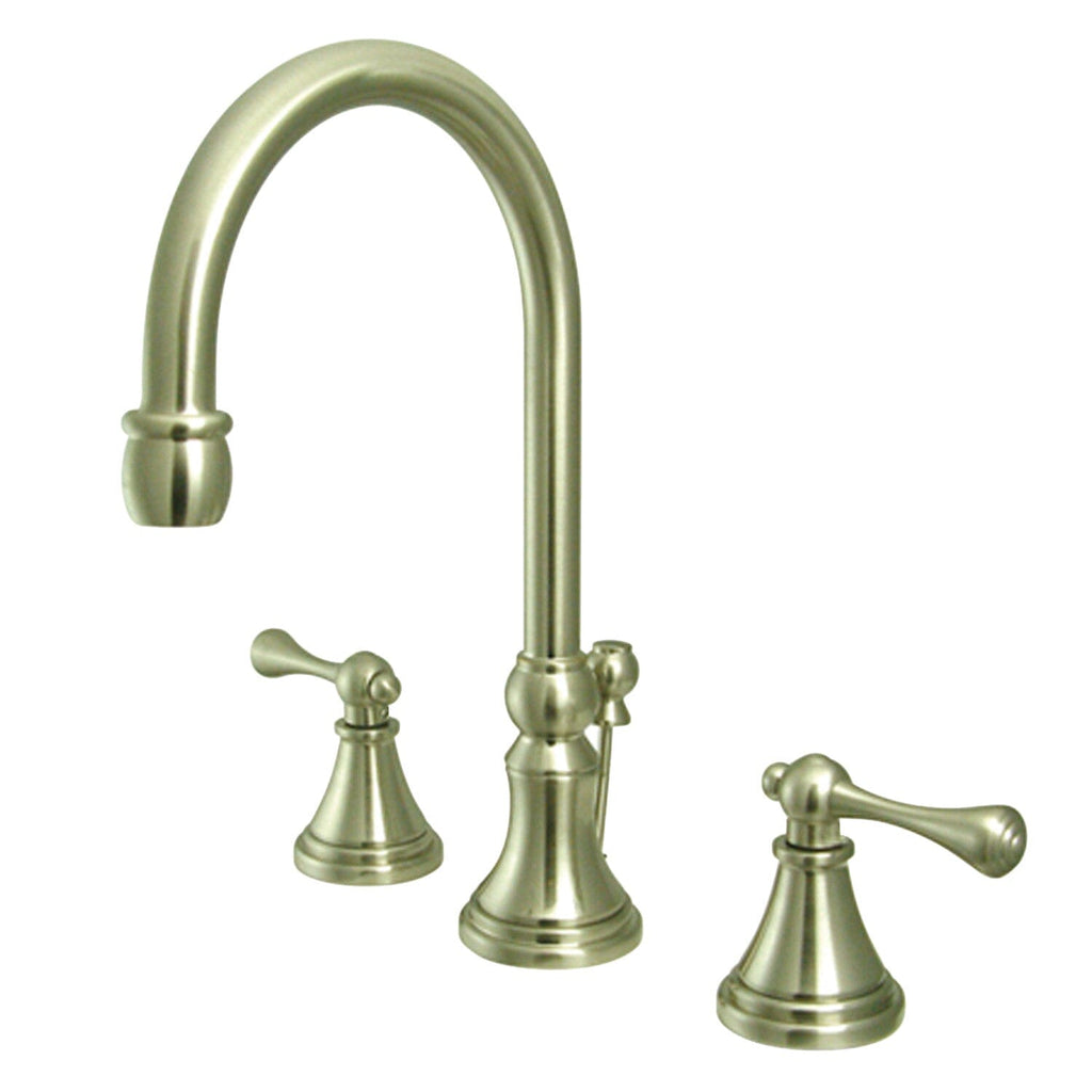 Governor Two-Handle 3-Hole Deck Mount Widespread Bathroom Faucet with Brass Pop-Up