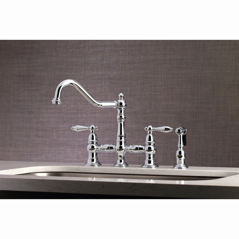 Restoration Two-Handle 4-Hole Deck Mount Bridge Kitchen Faucet with Brass Side Sprayer