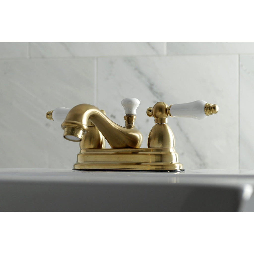 Restoration Double-Handle 3-Hole Deck Mount 4-Inch Centerset Bathroom Faucet with Brass Pop-Up