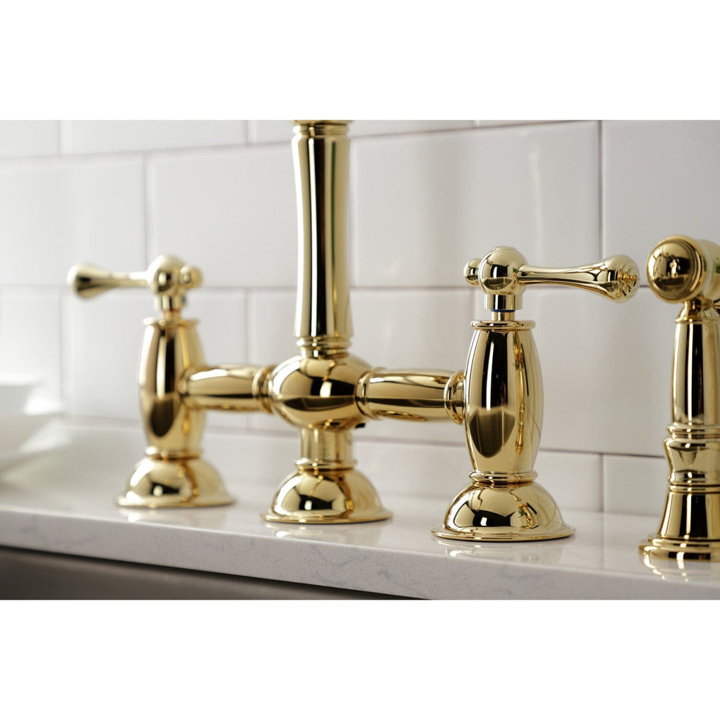 Restoration Two-Handle 4-Hole Deck Mount Bridge Kitchen Faucet with Brass Side Sprayer