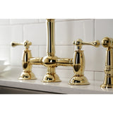 Restoration Two-Handle 4-Hole Deck Mount Bridge Kitchen Faucet with Brass Side Sprayer
