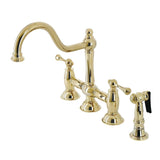 Restoration Two-Handle 4-Hole Deck Mount Bridge Kitchen Faucet with Brass Side Sprayer