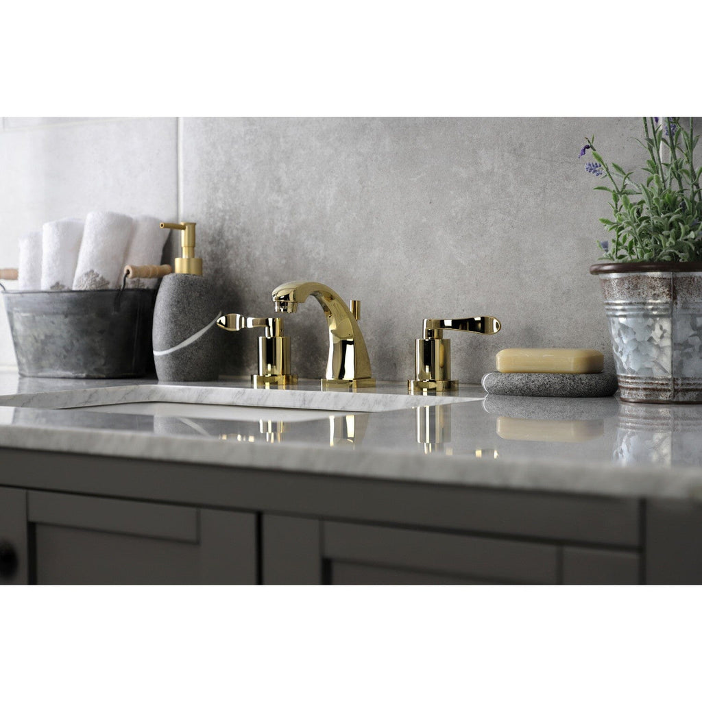 NuWave Two-Handle 3-Hole Deck Mount Widespread Bathroom Faucet with Brass Pop-Up Drain