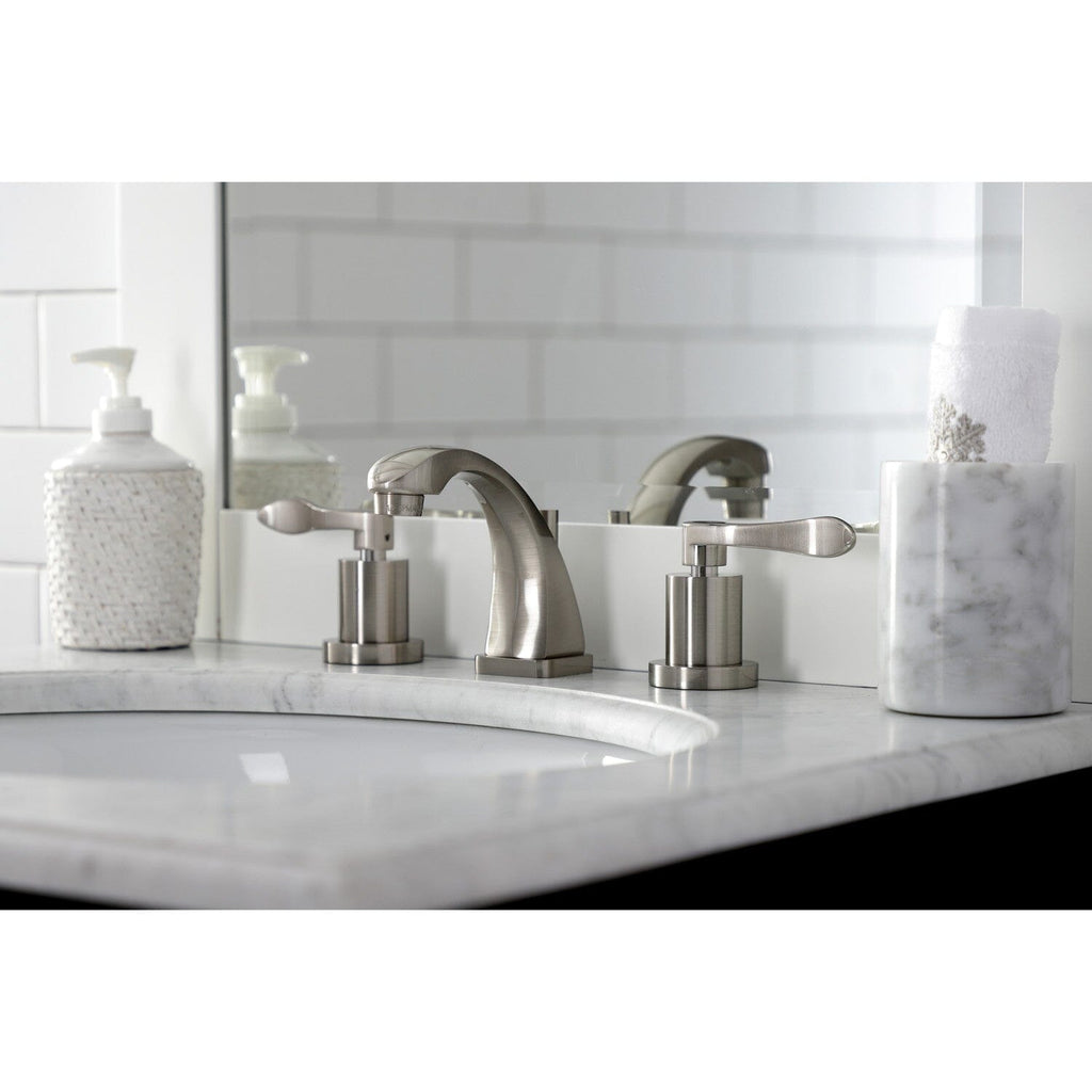 NuWave Two-Handle 3-Hole Deck Mount Widespread Bathroom Faucet with Brass Pop-Up Drain