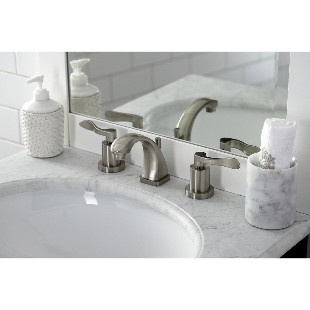 NuWave Two-Handle 3-Hole Deck Mount Widespread Bathroom Faucet with Brass Pop-Up Drain