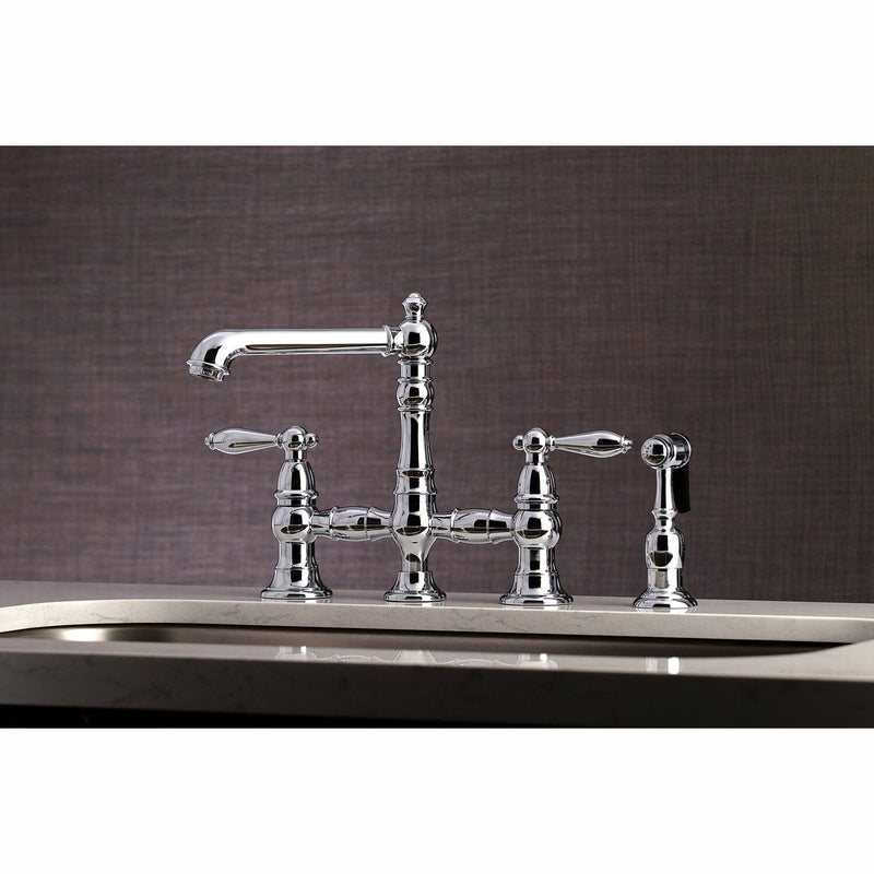 English Country Two-Handle 4-Hole Deck Mount Bridge Kitchen Faucet with Brass Side Sprayer