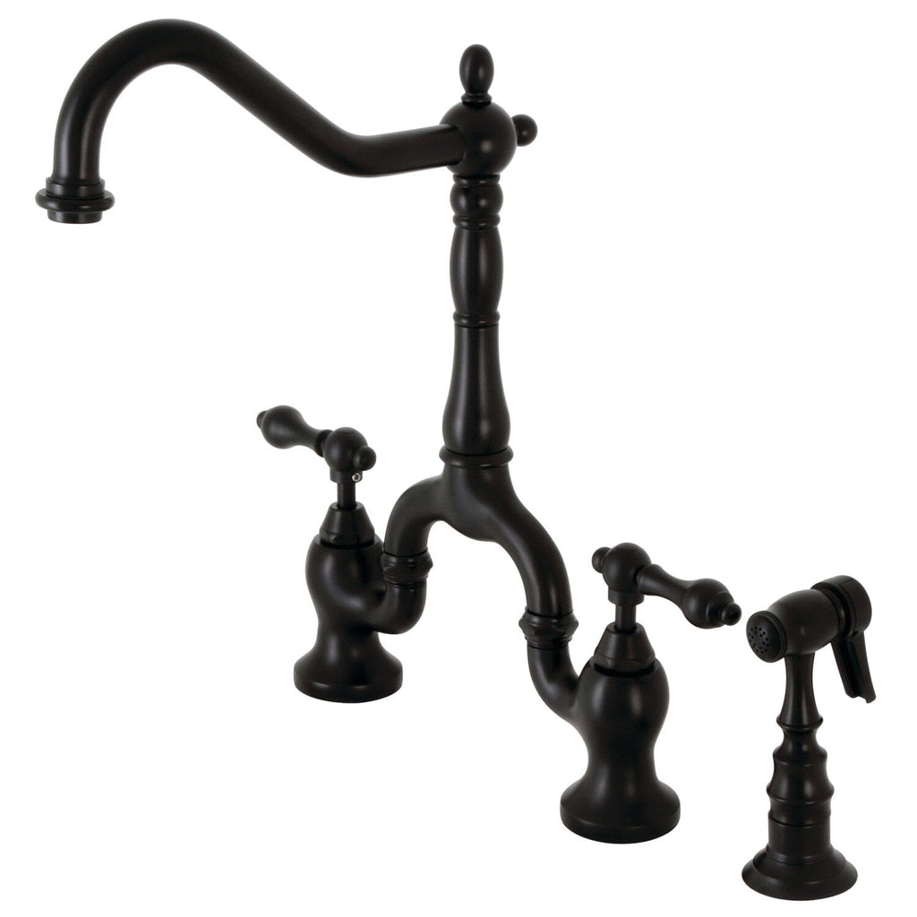 English Country Two-Handle 3-Hole Deck Mount Bridge Kitchen Faucet with Brass Side Sprayer