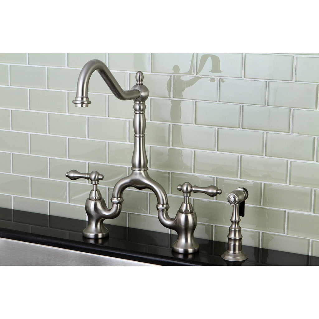 English Country Two-Handle 3-Hole Deck Mount Bridge Kitchen Faucet with Brass Side Sprayer
