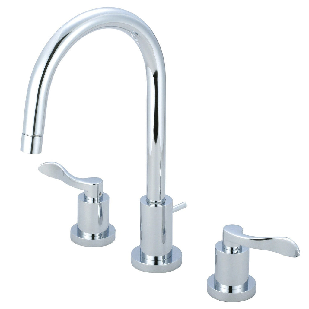 NuWave Two-Handle 3-Hole Deck Mount Widespread Bathroom Faucet with Brass Pop-Up