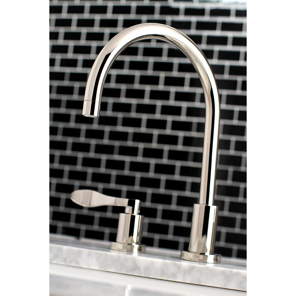 NuWave Two-Handle 3-Hole Deck Mount Widespread Bathroom Faucet with Brass Pop-Up