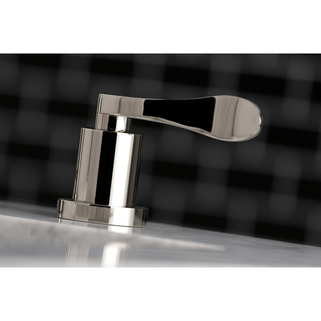 NuWave Two-Handle 3-Hole Deck Mount Widespread Bathroom Faucet with Brass Pop-Up