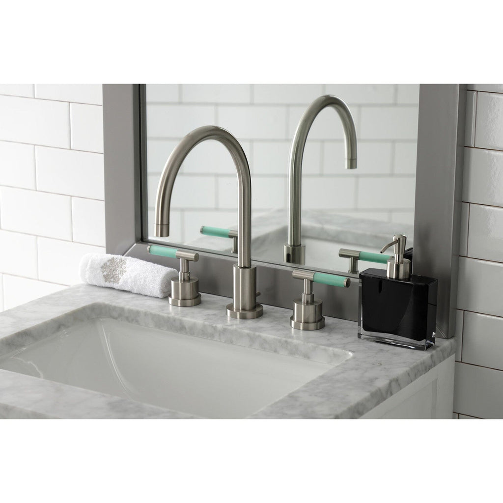 Kaiser Two-Handle 3-Hole Deck Mount Widespread Bathroom Faucet with Brass Pop-Up