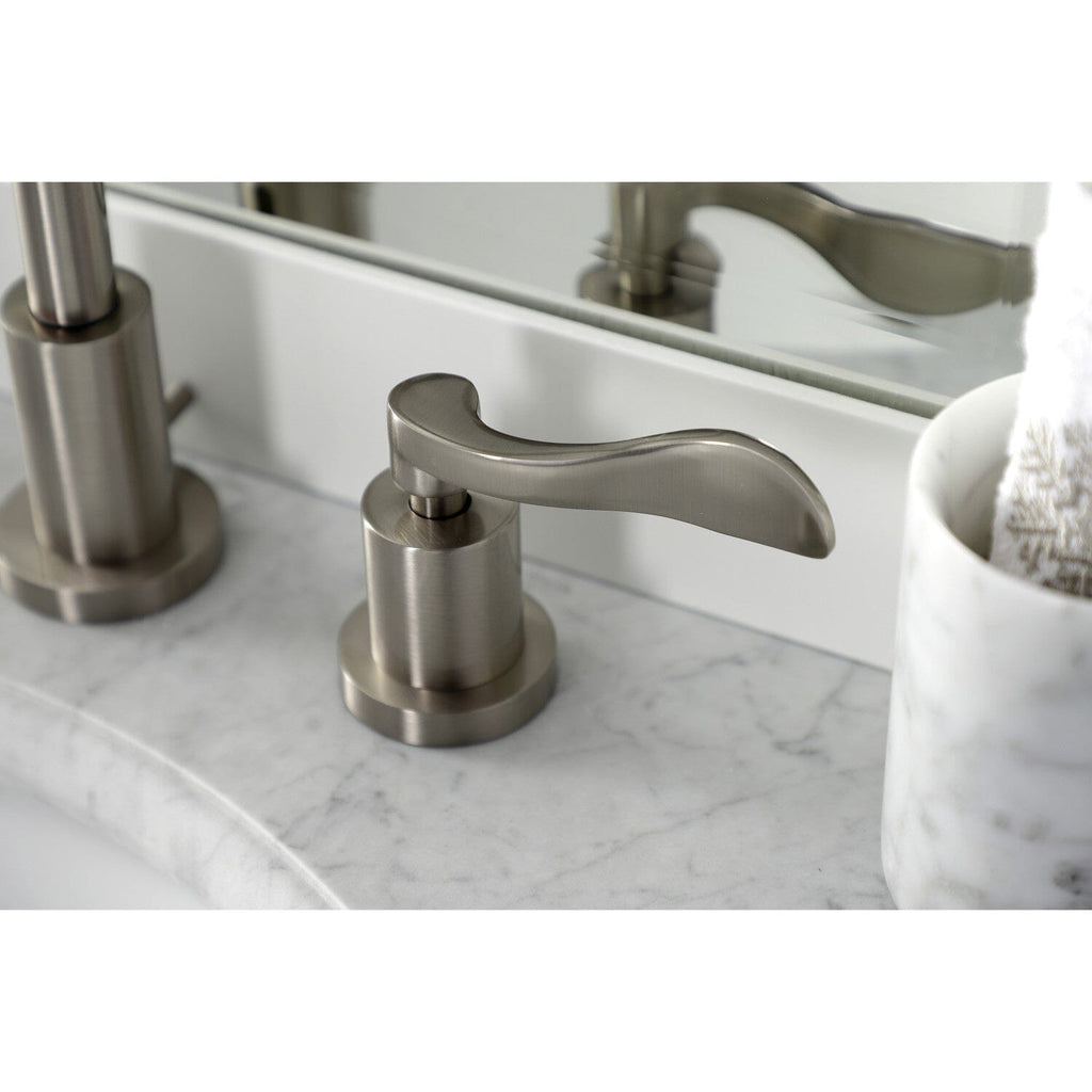 NuWave Two-Handle 3-Hole Deck Mount Widespread Bathroom Faucet with Brass Pop-Up
