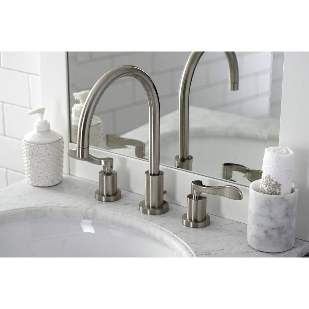 NuWave Two-Handle 3-Hole Deck Mount Widespread Bathroom Faucet with Brass Pop-Up