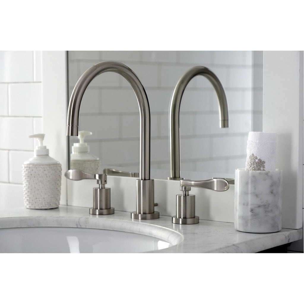 NuWave Two-Handle 3-Hole Deck Mount Widespread Bathroom Faucet with Brass Pop-Up