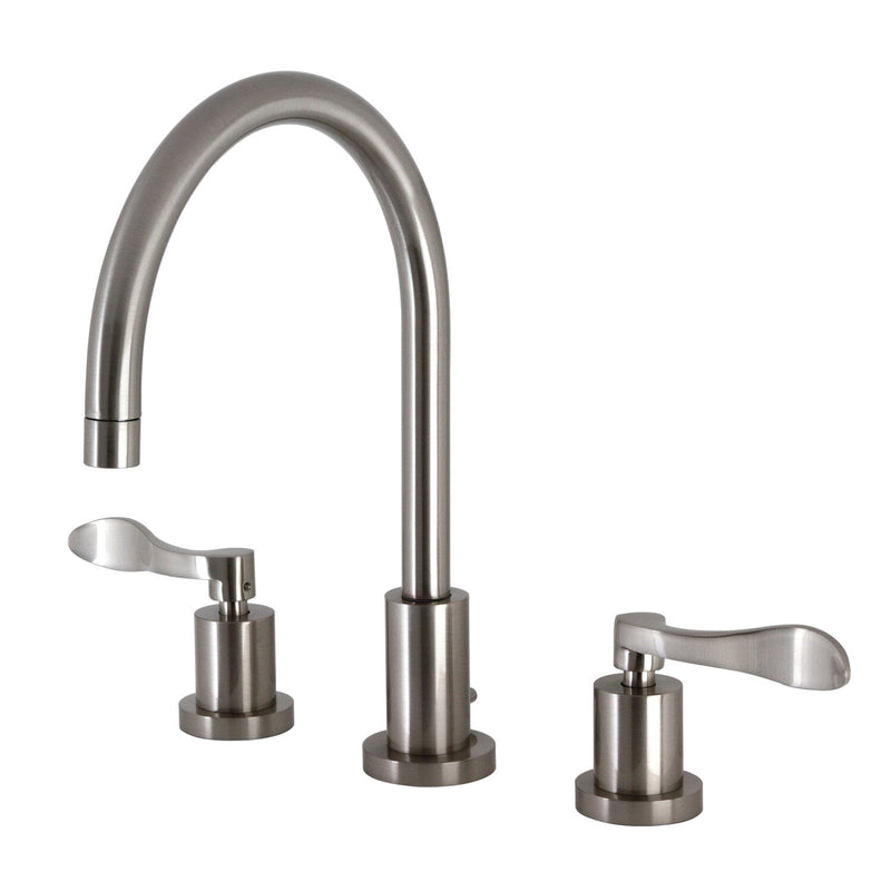 NuWave Two-Handle 3-Hole Deck Mount Widespread Bathroom Faucet with Brass Pop-Up