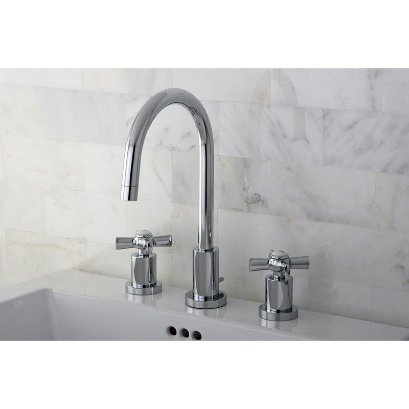Millennium Two-Handle 3-Hole Deck Mount Widespread Bathroom Faucet with Brass Pop-Up Drain