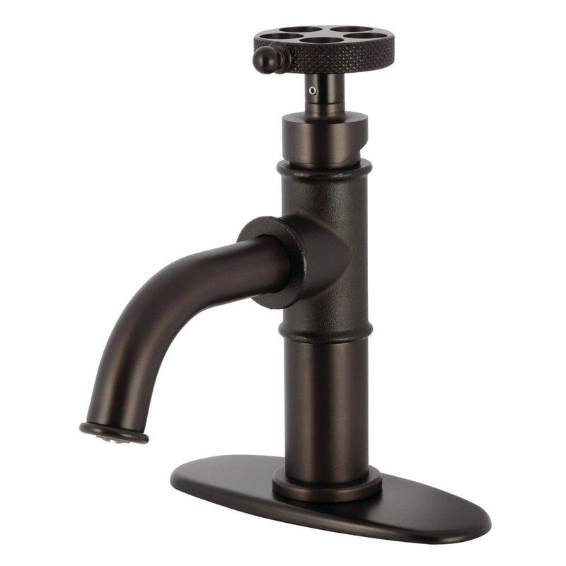 Webb One-Handle 1-Hole Bathroom Faucet with Knurled Handle, Deck Plate, and Push Pop-Up Drain
