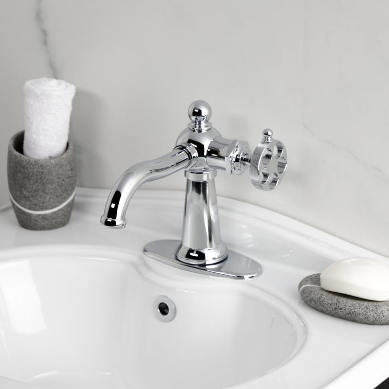 Wendell One-Handle 1-Hole Bathroom Faucet with Knurled Handle and Push Pop-Up Drain