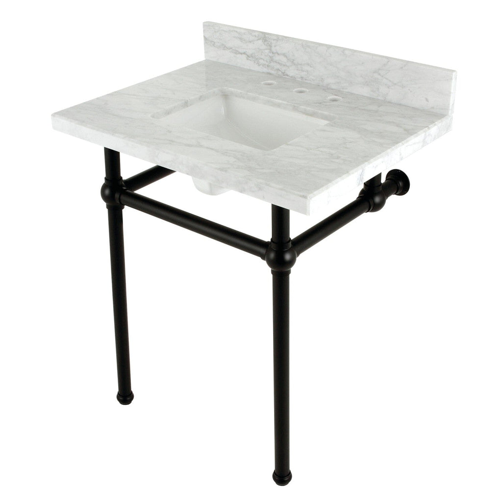 Templeton 30-Inch Carrara Marble Console Sink with Brass Legs (8-Inch, 3-Hole)