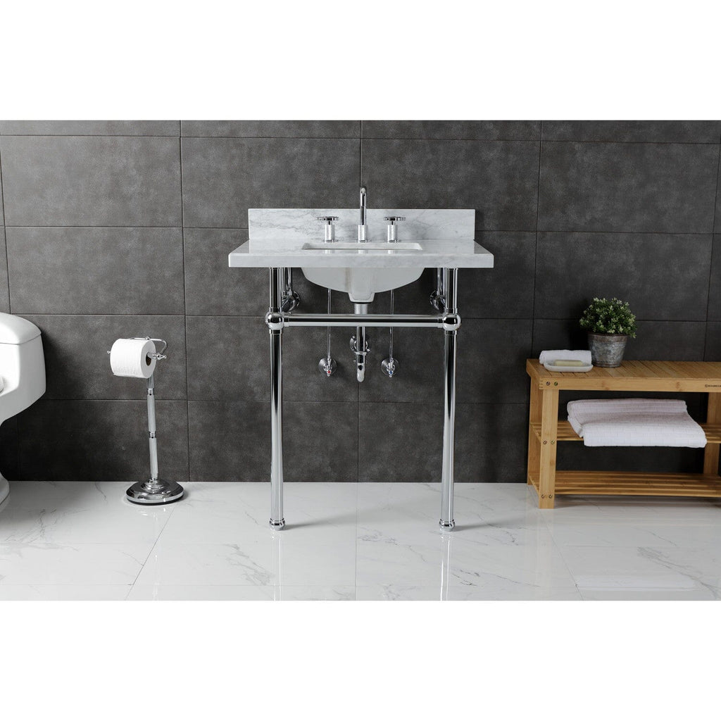 Templeton 30-Inch Carrara Marble Console Sink with Brass Legs (8-Inch, 3-Hole)