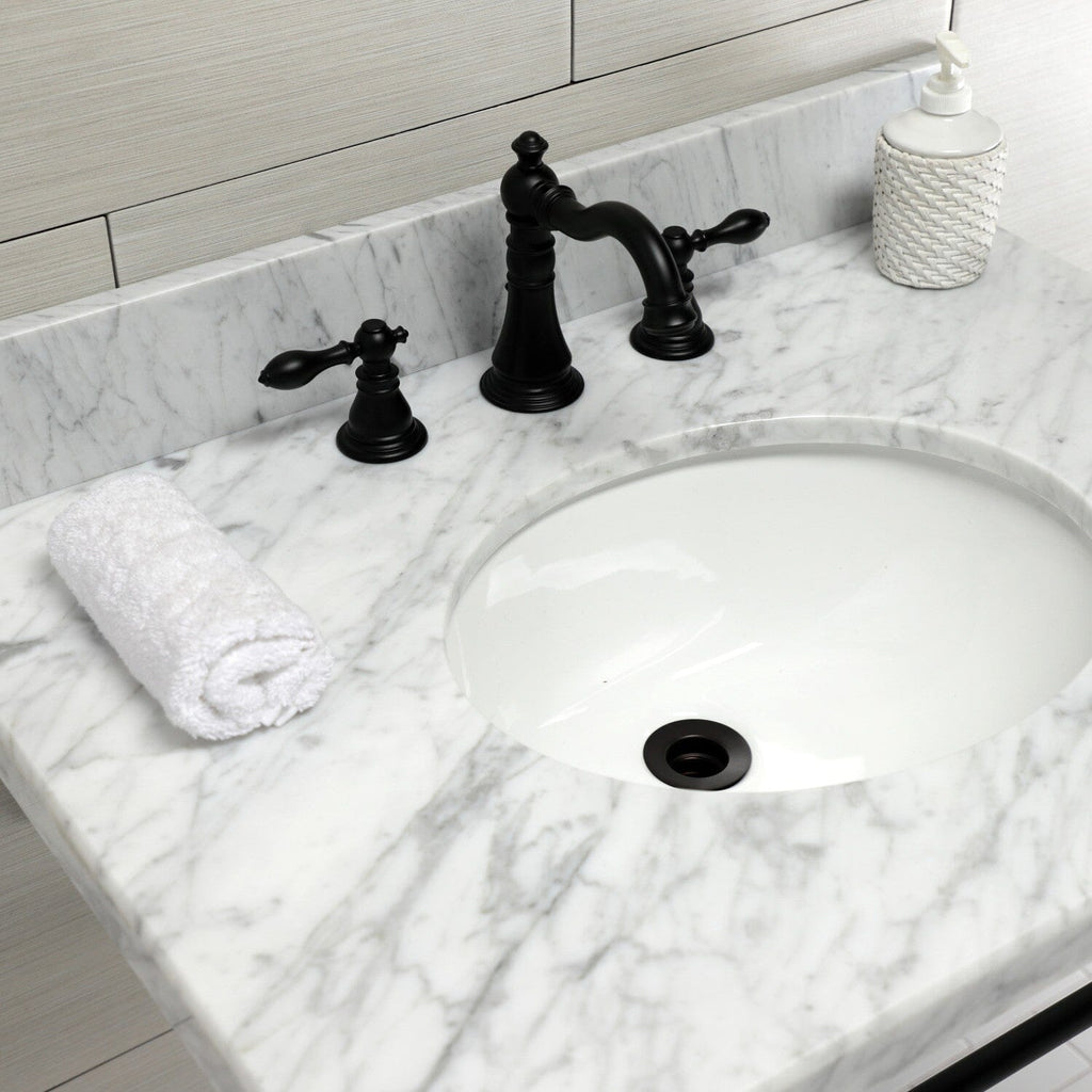 Edwardian 30-Inch Carrara Marble Console Sink with Brass Legs (8-Inch, 3-Hole)