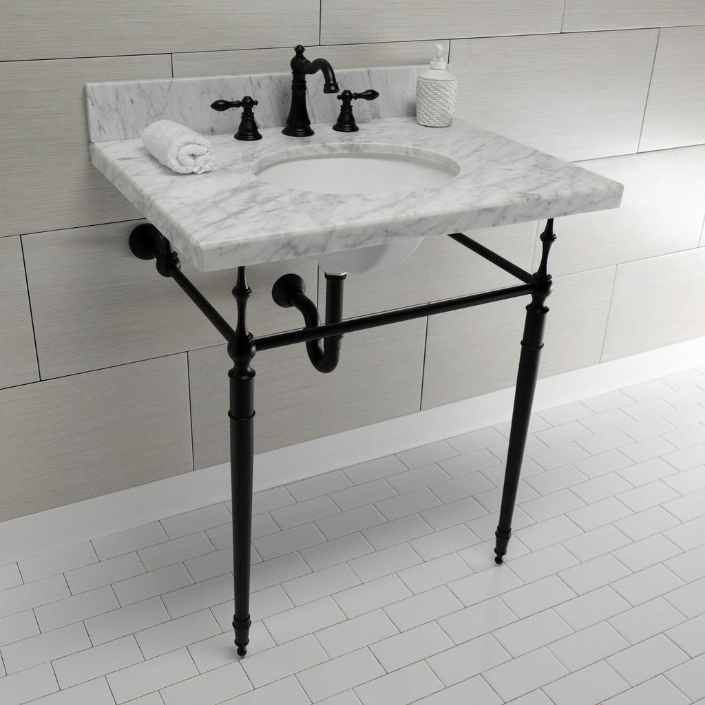 Edwardian 30-Inch Carrara Marble Console Sink with Brass Legs (8-Inch, 3-Hole)